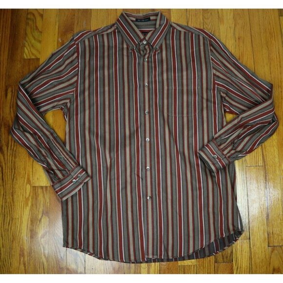 MEN'S BROWN & ORANGE STRIPED LONG SLEEVE DRESS SHIRT - W.H. BELK - SIZE L - Picture 2 of 5
